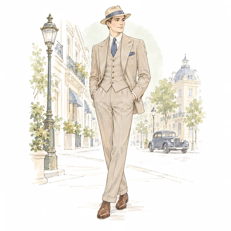 1930年代風のスリーピーススーツに帽子をかぶり、街角に立つ男性のイラスト