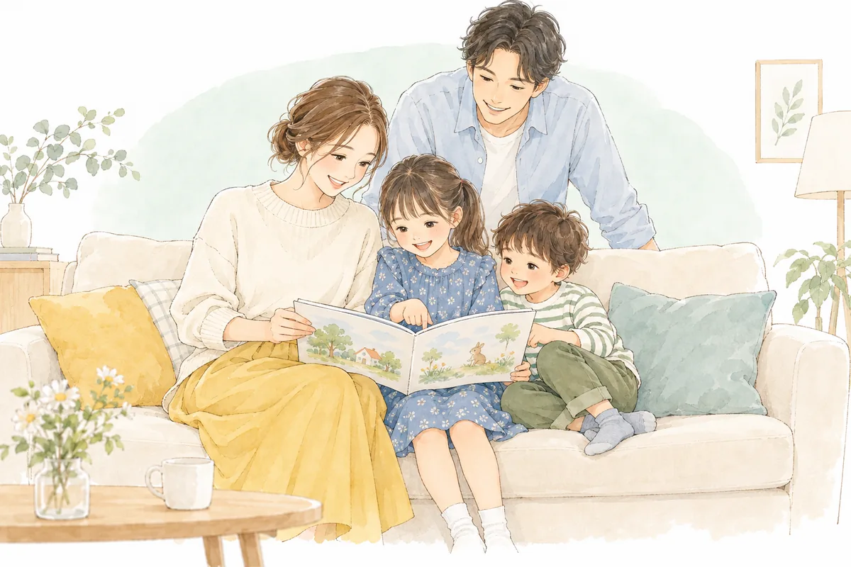 ソファで家族が一緒に本を読んでいるイラスト